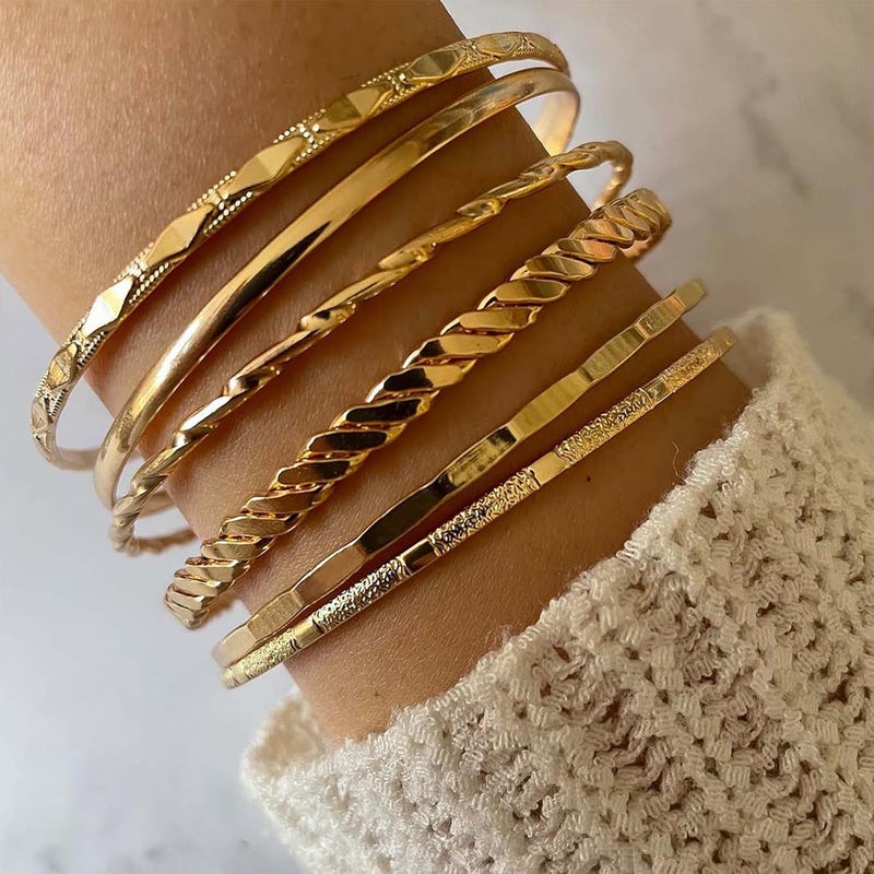 IFKM Gold Bangle Bracelets For Women, 14k Gold Plated Multi Layer Stackable Cuff Bracelet Set, Trendy Elegance Charms Non Tarnish Minimalist Textured Boho Jewelry Gift for Women - Image 2